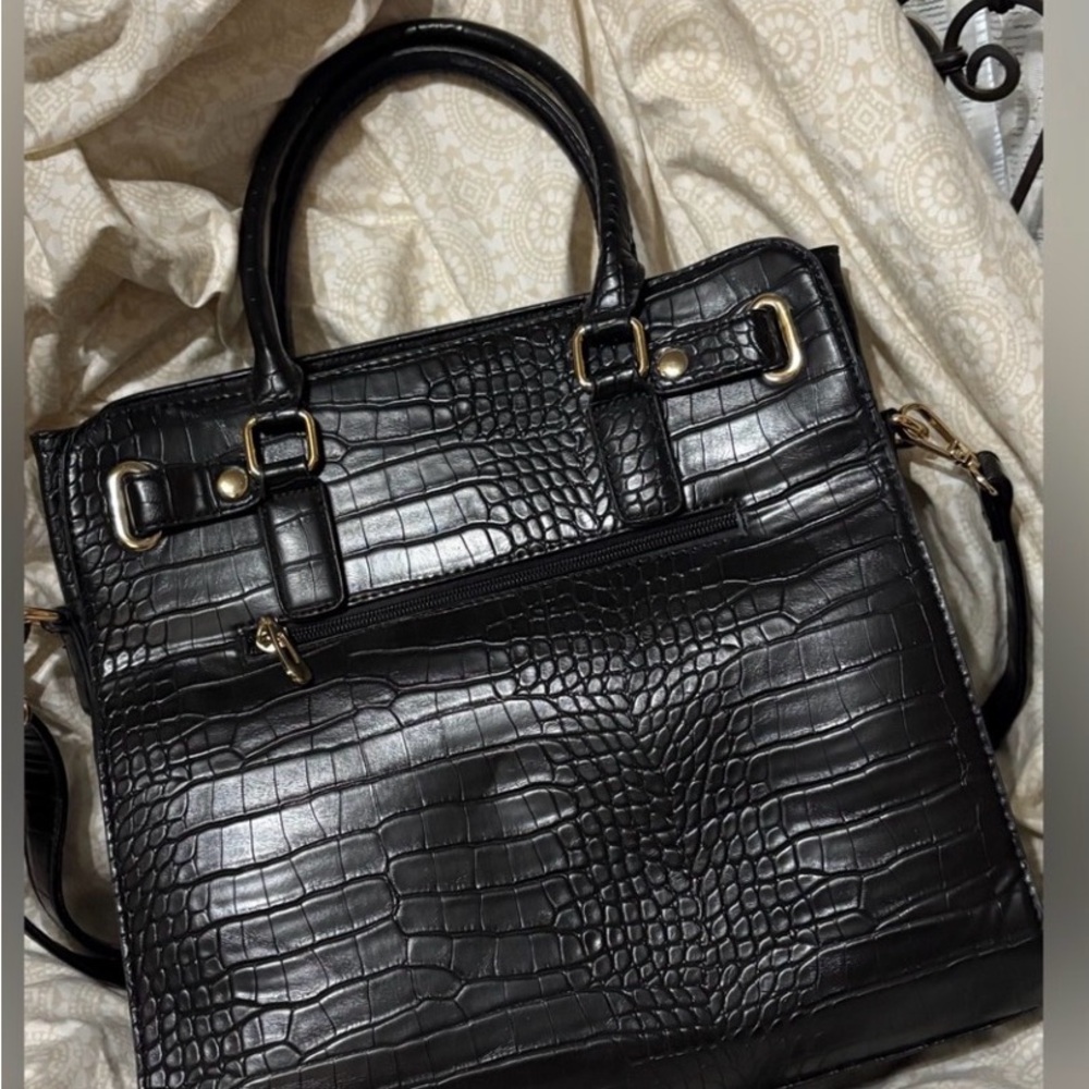 Black Croc-Embossed Shoulder Tote with Gold Accent - Picture 3 of 11